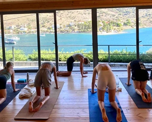 Students teah yoga in a beautiful yoga studio with sea view in the Greek islands.